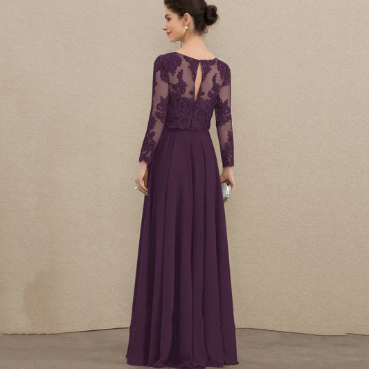 Customized Chiffon O Neck Bridal Dress Elegant Lace A Line Wedding Party Gowns For Bride Long Sleeves Formal Mother Dresses