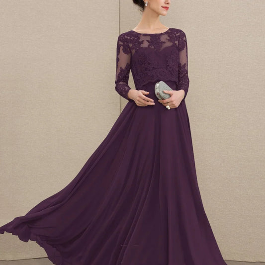 Customized Chiffon O Neck Bridal Dress Elegant Lace A Line Wedding Party Gowns For Bride Long Sleeves Formal Mother Dresses as picture