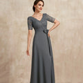Mother Of The Bride Dress - Formal V Neck Evening Gowns A Line Elegant Bride Party Dress Lace Bow robes invitée mariage GRAY