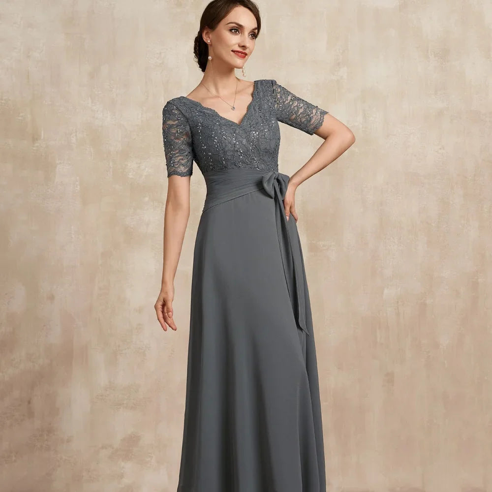 Mother Of The Bride Dress - Formal V Neck Evening Gowns A Line Elegant Bride Party Dress Lace Bow robes invitée mariage GRAY