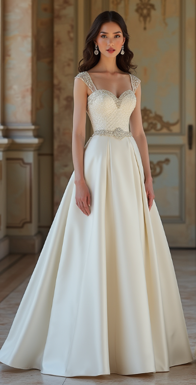 A luxurious satin A-line wedding dress featuring a beaded bodice, sheer cap sleeves, and a flowing full-length skirt – perfect for elegant brides.
فستان زفاف ساتان فخم بقصة A، مزين بكورسيه مطرز وأكمام شفافة، مع تنورة طويلة وانسيابية – مثالي للعروس الأنيقة.
Vestido de novia de satén en corte A con corpiño bordado, mangas transparentes y falda fluida de largo completo – ideal para novias sofisticadas.