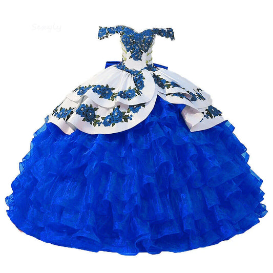 Mexican Blue Quinceanera Dress Charro Off The Shoulder Ball Gown Sweet 16 Birthday Organza Ruffles Corset Pageant Customized Red