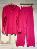 2024 Casual Autumn Loose Knit Sweater Set Fashion Zip Lapel Long Sleeve Pullover Sweater & Straight Pants Two-piece Set Rose Red