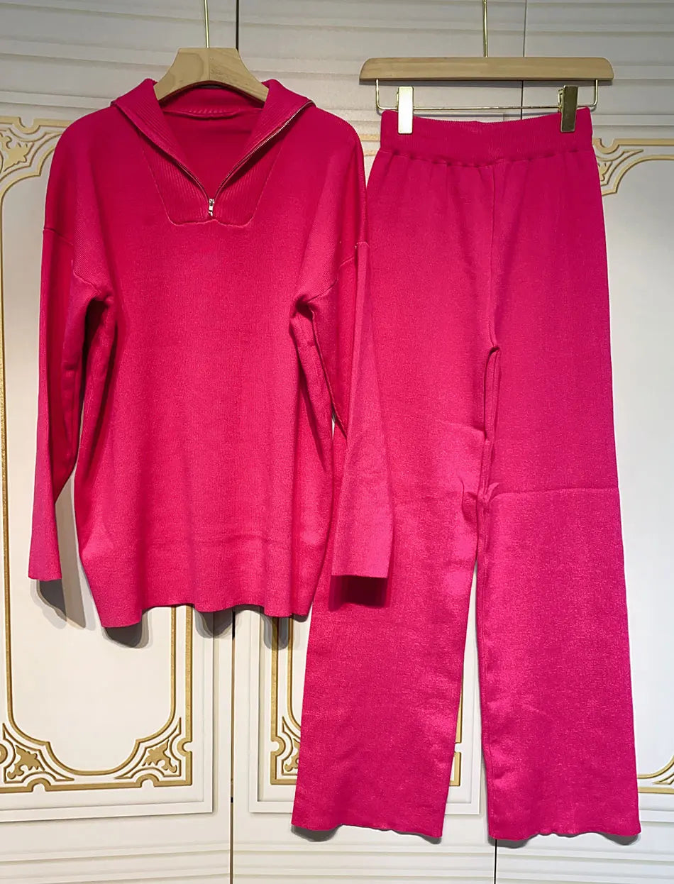2024 Casual Autumn Loose Knit Sweater Set Fashion Zip Lapel Long Sleeve Pullover Sweater & Straight Pants Two-piece Set Rose Red