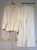 2024 Casual Autumn Loose Knit Sweater Set Fashion Zip Lapel Long Sleeve Pullover Sweater & Straight Pants Two-piece Set WHITE
