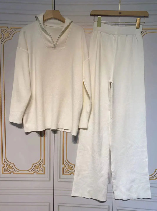 2024 Casual Autumn Loose Knit Sweater Set Fashion Zip Lapel Long Sleeve Pullover Sweater & Straight Pants Two-piece Set WHITE