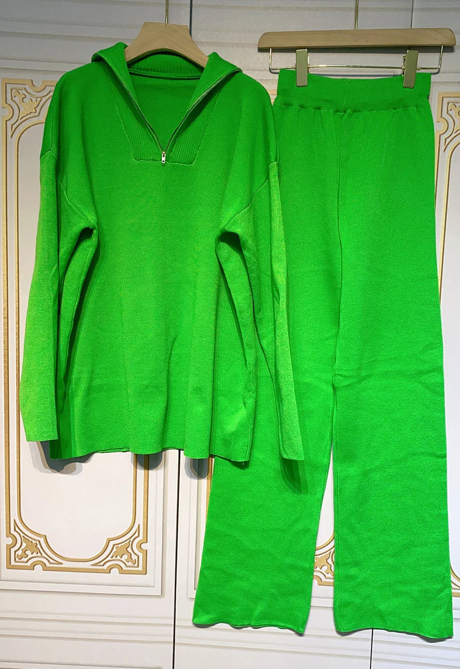2024 Casual Autumn Loose Knit Sweater Set Fashion Zip Lapel Long Sleeve Pullover Sweater & Straight Pants Two-piece Set army green