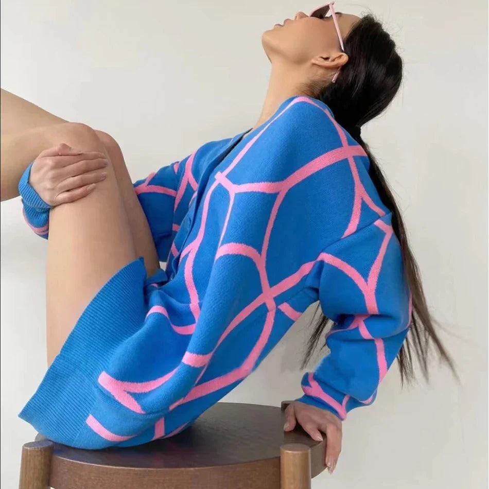 Women's Casual Oversized Cardigan Knitted 2023 Fall V-neck Lantern Long Sleeve Single-breasted Printed Knit