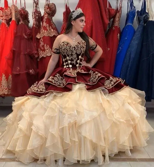 Mexican Burgundy And Gold Quinceanera Dresses Charro Vintage Off The Shoulder Organza Ruffles Vestio De 15 Xv Anos Customized