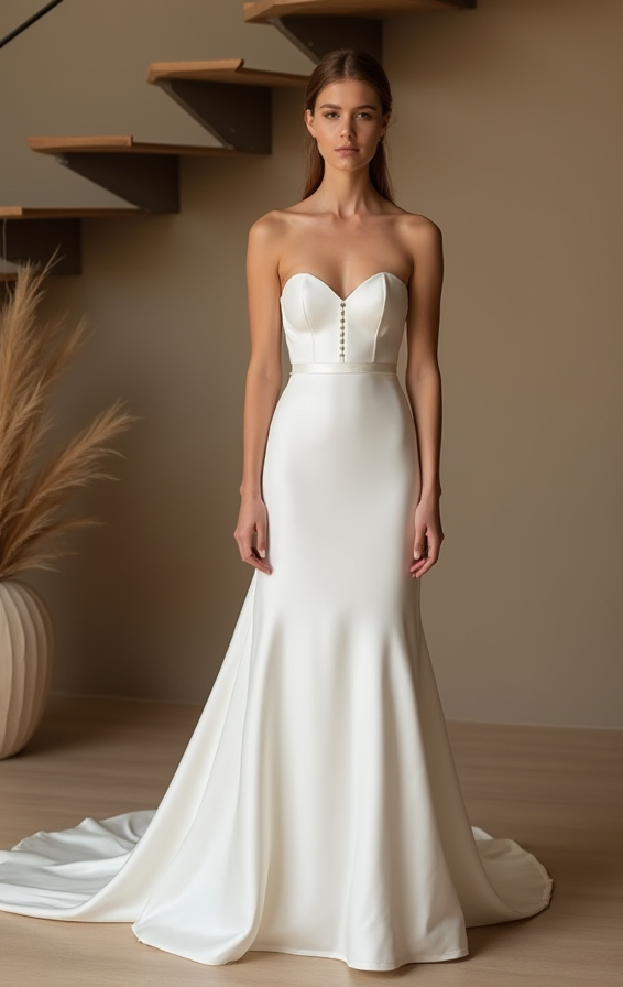 Modern Strapless Wedding Dress – Sculpted Bodice & Sleek Silhouette