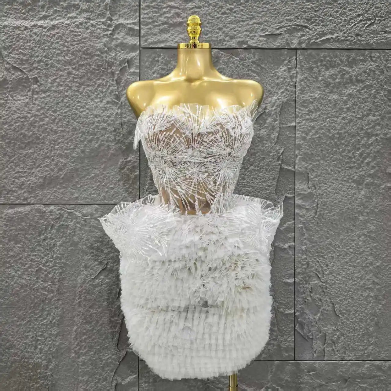 STOCK White Color Women Sexy Strapless 2 Pieces Ball Gown Mini Dress Celebrate Cute Birthday Party Photo Shoot Outfit Vestido WHITE