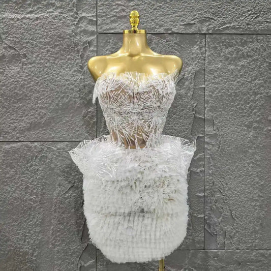 STOCK White Color Women Sexy Strapless 2 Pieces Ball Gown Mini Dress Celebrate Cute Birthday Party Photo Shoot Outfit Vestido WHITE