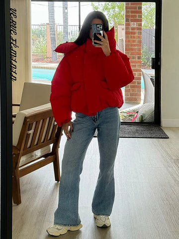 Women's Winter Coats Hooded With Velcro Padded Jacket Luxury Female Full Sleeve Loose Fitting Warm Coat Fashion Ladies Outerwear