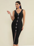 2025 Elegant Women's Water Diamond Button Design Bandage Dresses Camisole Sleeveless Bodycon Split Medium Length Dress Vestidos