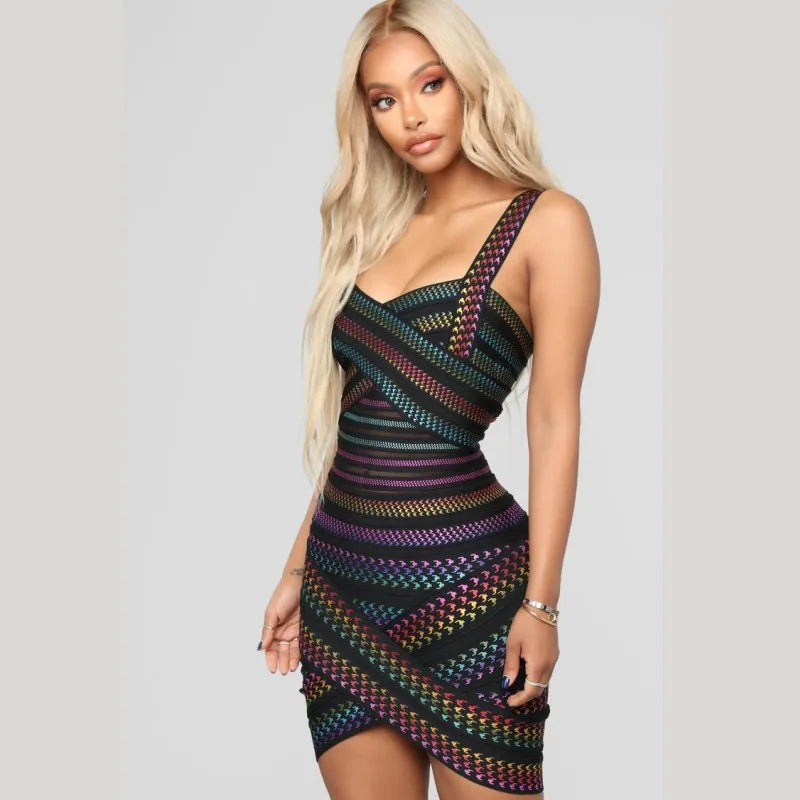 Women Sleeveless Sexy Square Collar Foil Bodycon Bandage Mini Dress Nightclub Bar Party Celebrate Dress