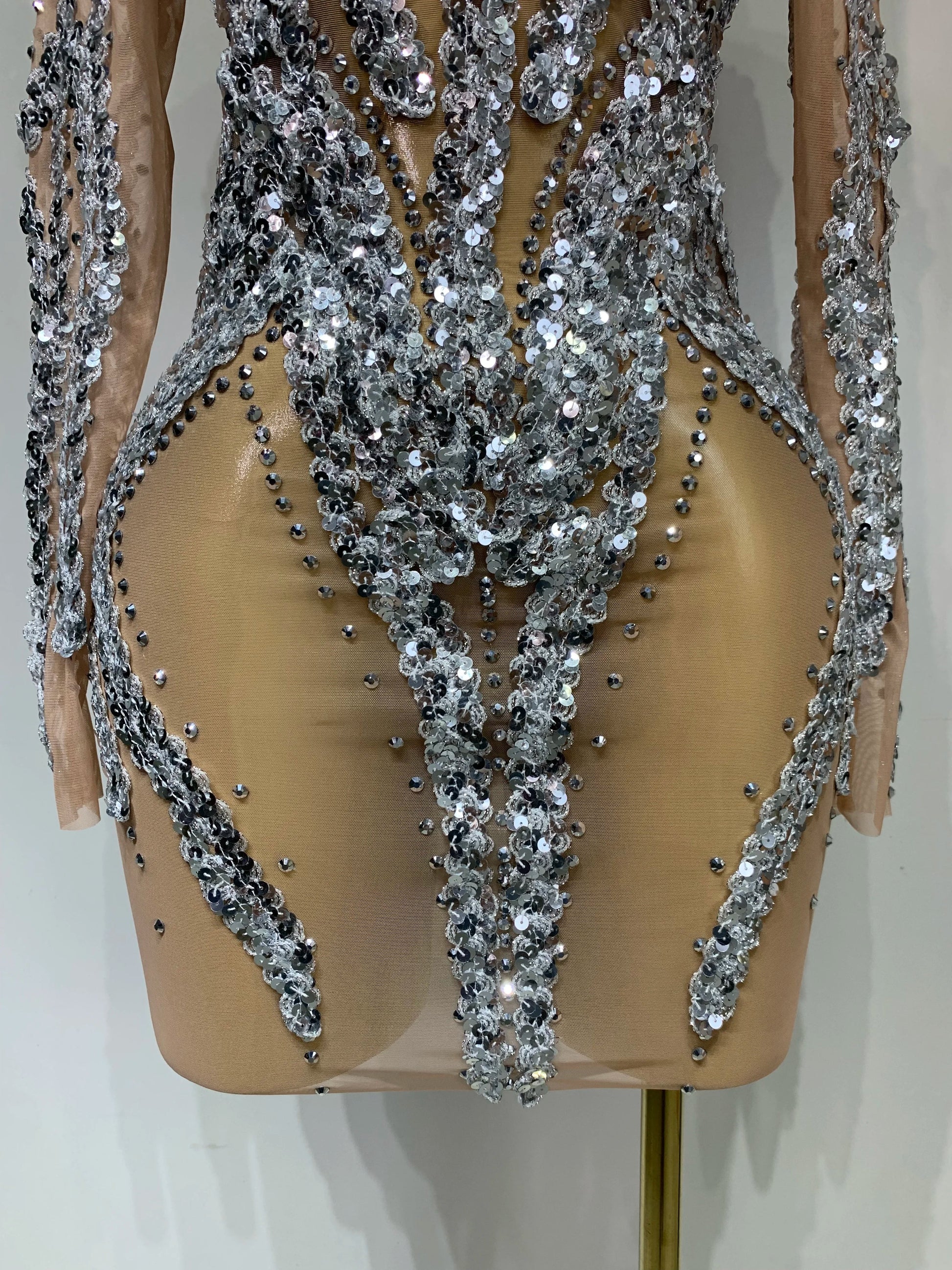 Women Sparkly Rhinestones Sexy Mesh Transparent Mini Dress Eveing Birthday Party Dance Nightclub Festival Show Stage Costumes