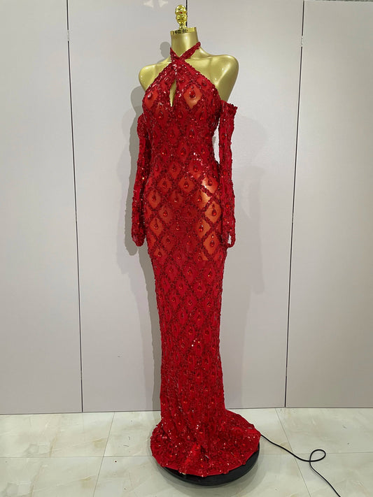 Sexy Sparkly Rhinestones Halter Mesh Long Dress With Gloves Women Celebrate Evening Wedding Prom Birthday Dress Shoot Wear