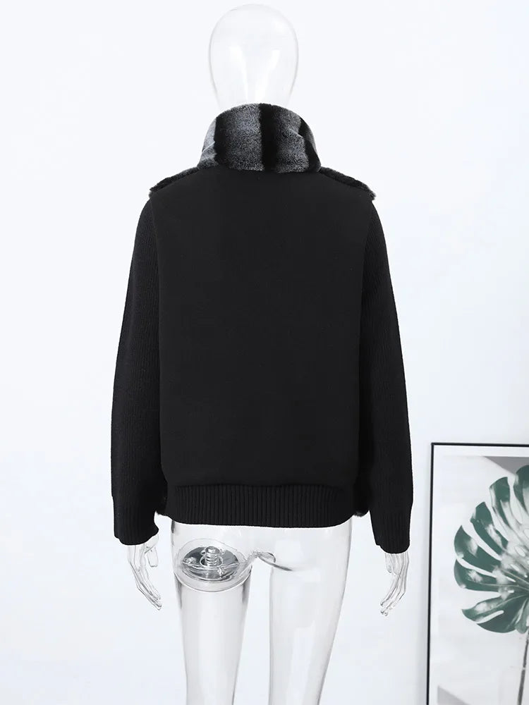 Faux Fur Patchwork Knitted Sleeve Winter Warm Coats Women Luxury Stand Collar Zipper Loose Jacket Chic Office Lady New Outerwear