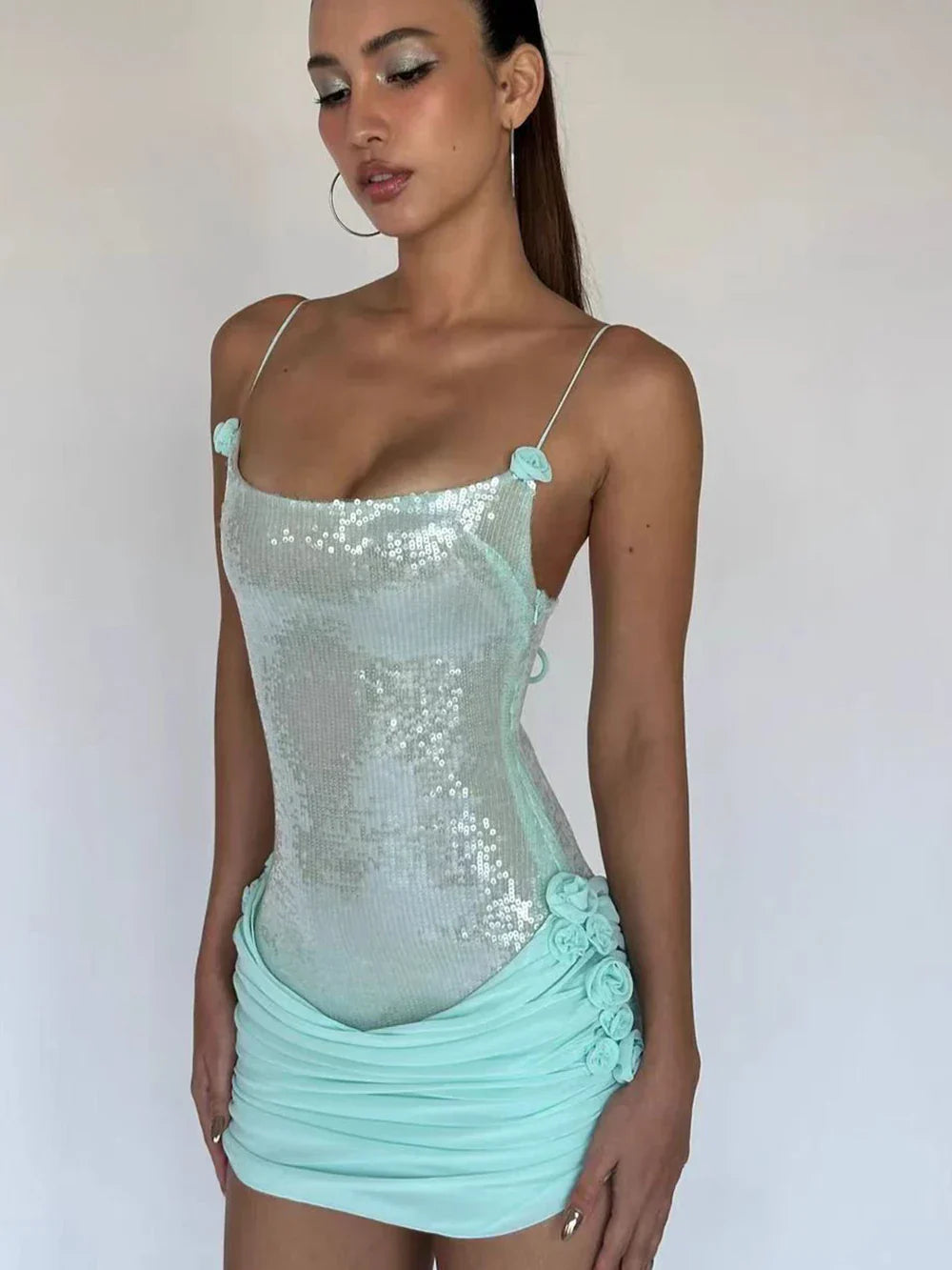 Stereoscopic Flowers Sequin Patchwork Sling Short Evening Dress Sweet Woman Birthday Party Dress Performance Costume