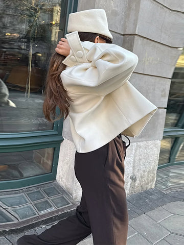 Short Woolen Jacket With Shoulder Sleeves Women Elegant Turn-down Collar Long Sleeve Coats New Fashion Autumn Winter Ladies Tops