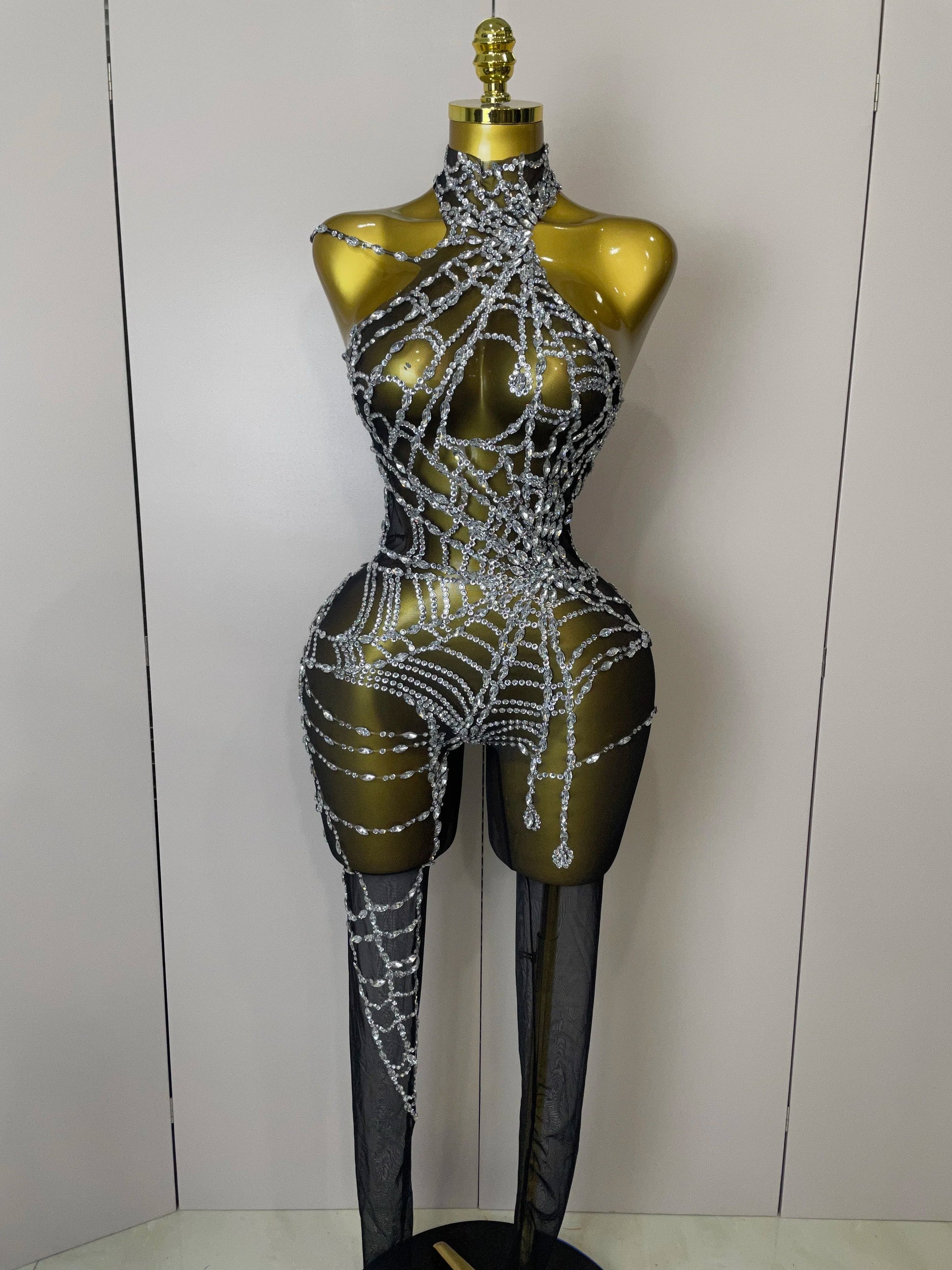 Women Sparkly Diamond Sexy Mesh Jumpsuit Nightclub Bar Party Show Gogo Dancer Clothing Drag Queen Outfit Stage Costume black