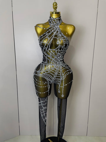 Women Sparkly Diamond Sexy Mesh Jumpsuit Nightclub Bar Party Show Gogo Dancer Clothing Drag Queen Outfit Stage Costume black