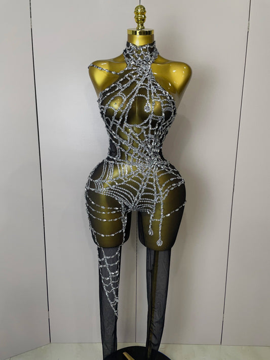 Women Sparkly Diamond Sexy Mesh Jumpsuit Nightclub Bar Party Show Gogo Dancer Clothing Drag Queen Outfit Stage Costume black