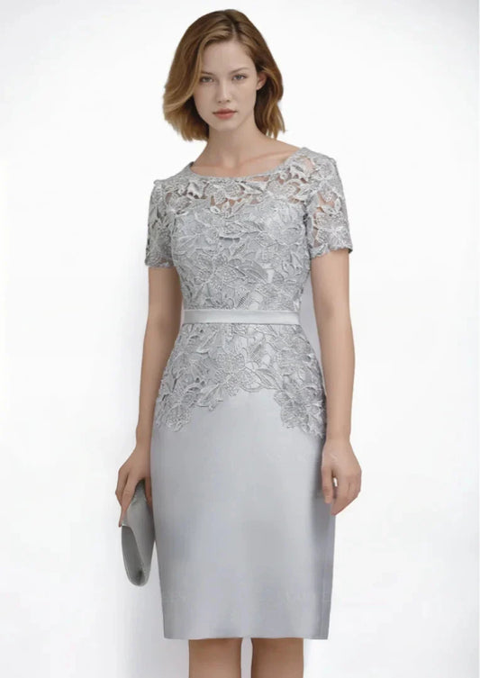 Mother Of The Bride Dress - Elegant Formal Evening Dress Satin Scoop Neck Knee-Length Cocktail Dress Applique Mother of the Bride Dress 2025 Free Customized