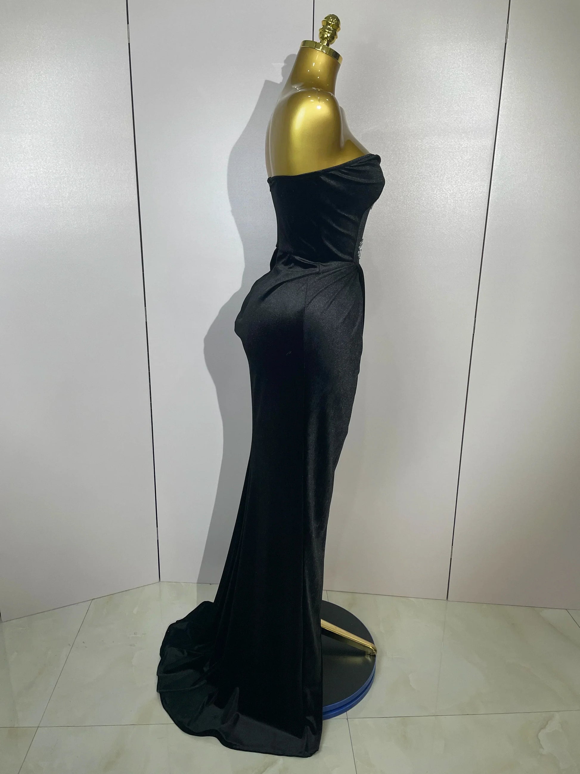 Sparkly Rhinestones Mesh Sexy Split Velvet Gloves Long Dress Women Birthday Celebrate Wedding Gown Stage Photo Shoot Wear