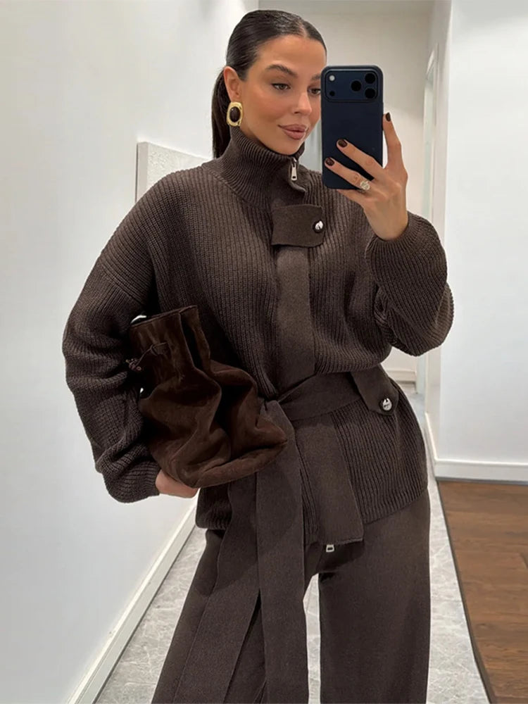 Solid Turtleneck Button Tie-Waist Knit Set Long Sleeve Sweater Wide Leg Pants 2025 Chic Vintage Women Sets Causal Cozy Lady Suit