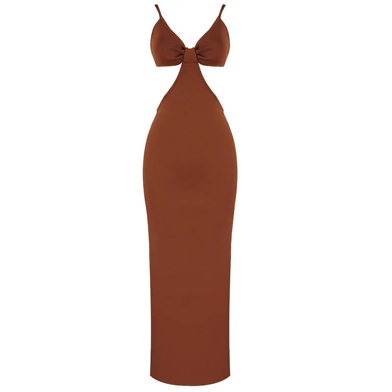 Women Sleeveless Sexy V-Neck Bodycon Mid-calf Dress Bandage Fashion Celebrate Birthday Party Dress High Quality Brown