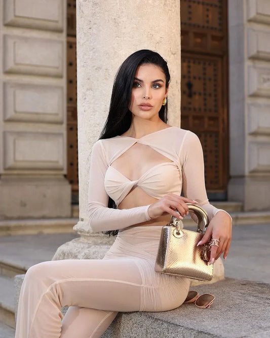 Spring Mesh See Through Women Set Sexy Hollow Out Short Top And Flare Pants 2 Pieces High Stree Wear Evening Party Vestido