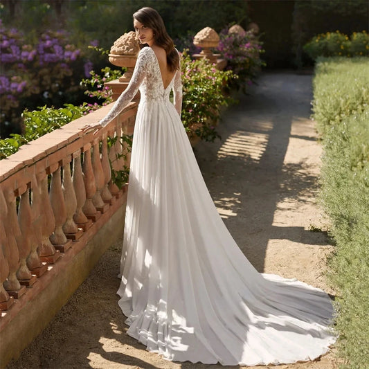 New Boho Wedding Dress Scoop Lace Appliques Long Sleeves Backless Chiffon Beach Bridal Party Gowns Vestidos De Noiva