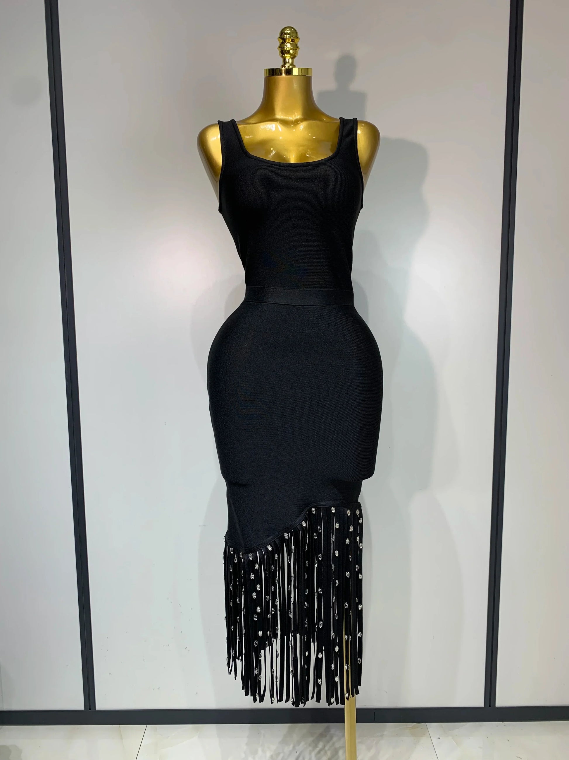 New Fashion Crystal Tassel Temperament Suspender Bodycon Bandage Dress Sexy Midi Evening Party Birthday Dresses Vestidos black