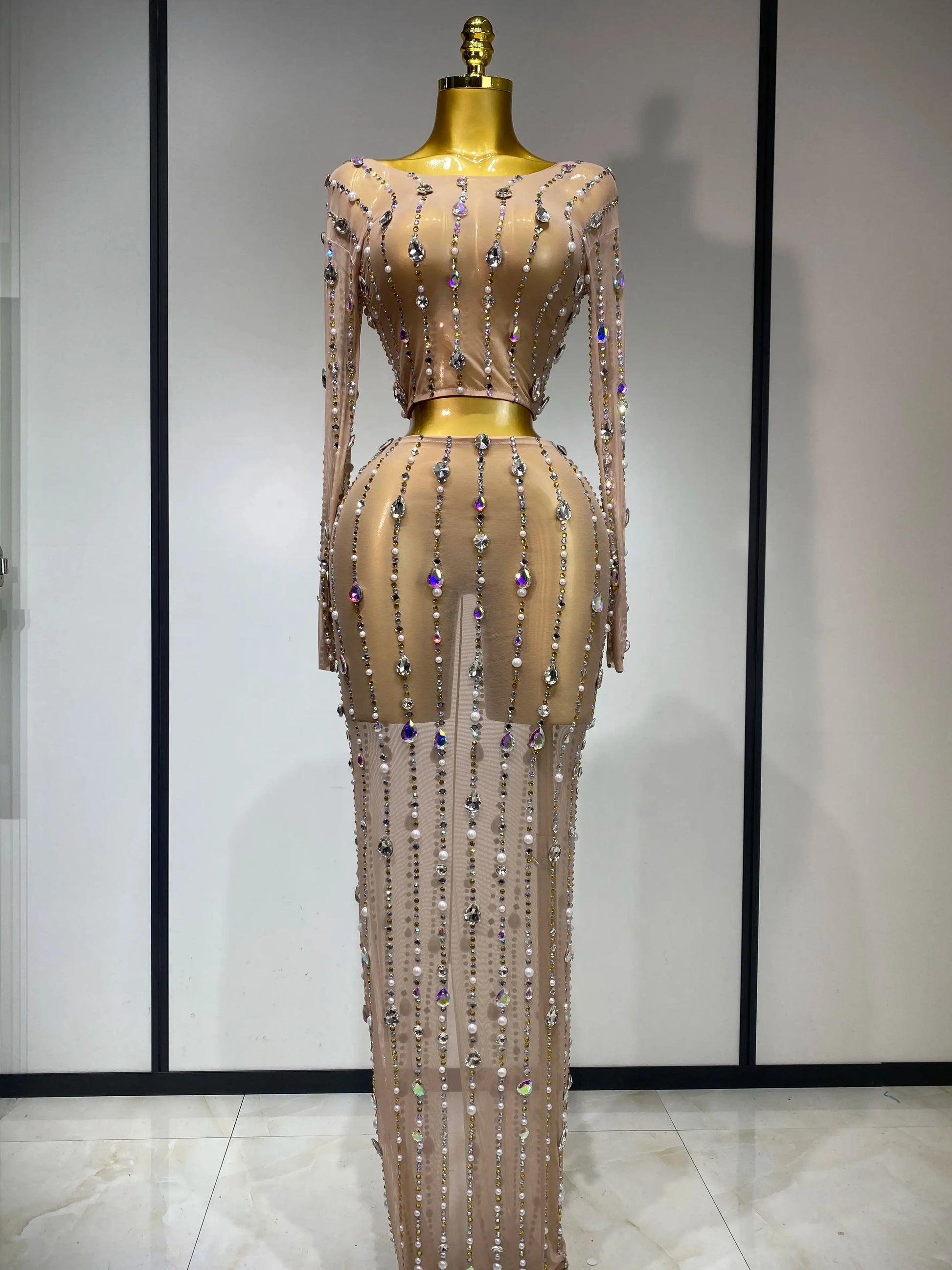 Women Sparkly Rhinestones Top Long Skirt Two Pieces Set Singer Dancer Nightclub Stage Performance Costume Luxury Birthday Dress Khaki