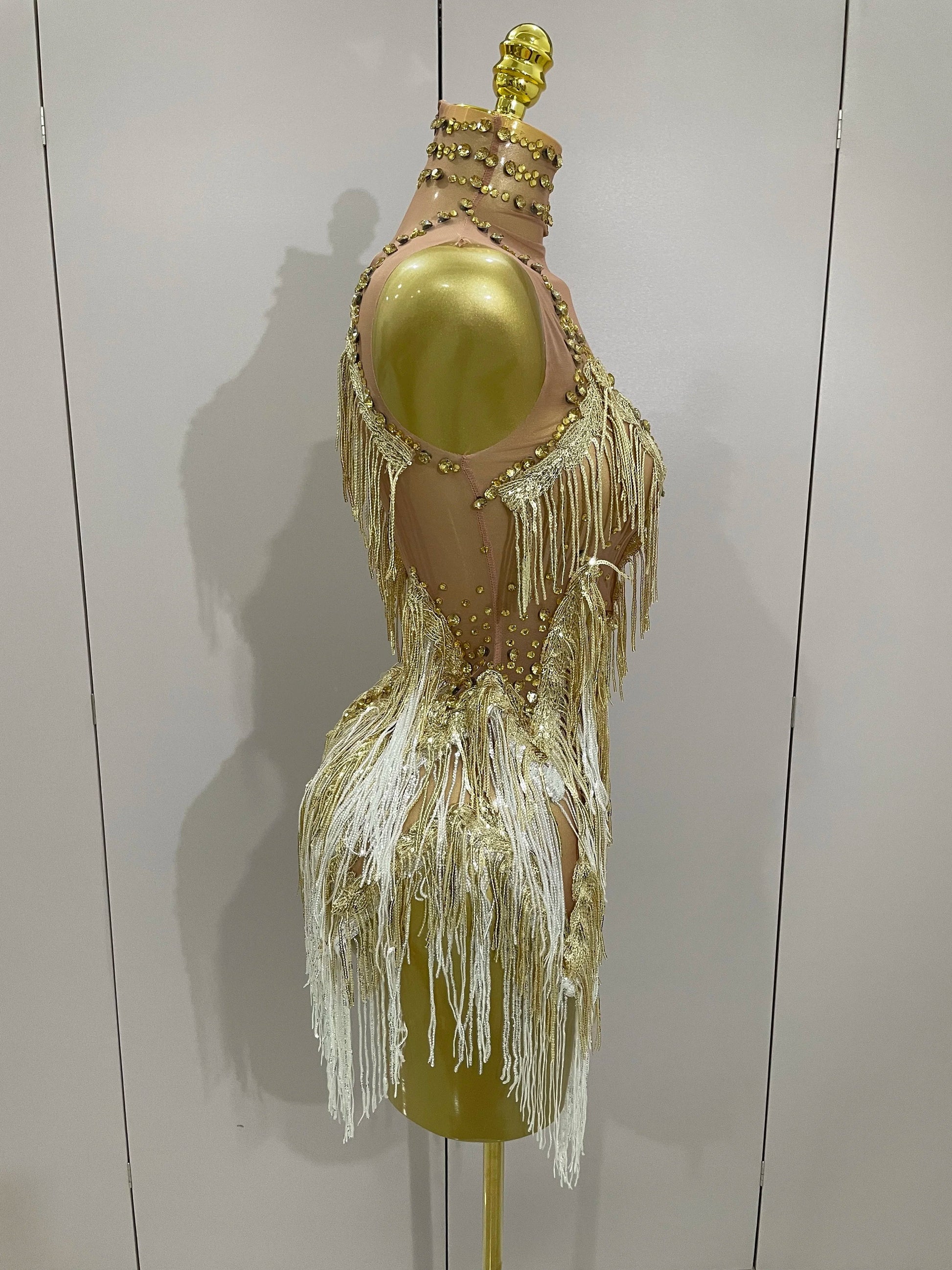 Women Sexy Stretch Mesh Sparkly Rhinestone Tassels Mini Dress Nightclub Singer Dance Stage Costume Evening Gowns