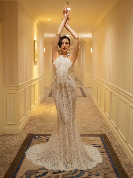 Elegant Women's white lace Slim Long Dress Halter Backless Sleeveless Maxi Dresses Lady Evening Wedding Party Gowns