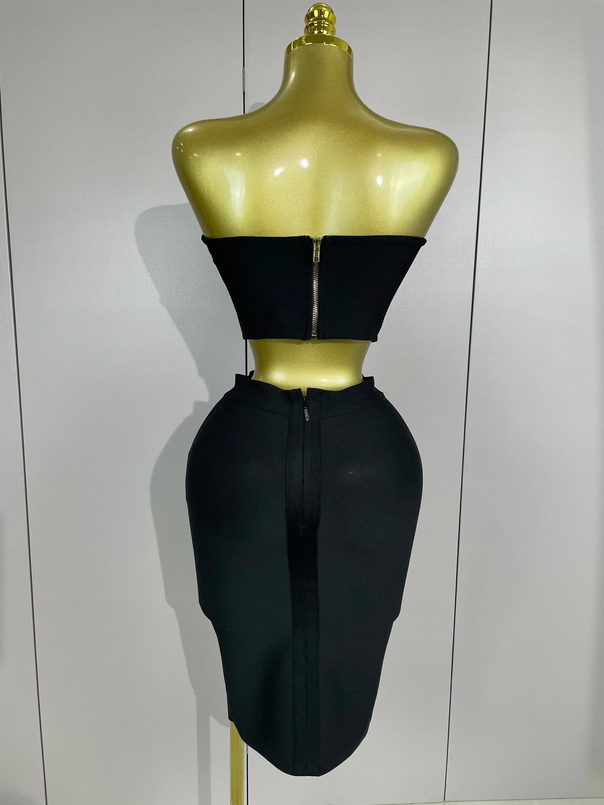 Women Sexy Strapless Backless Black Bandage Two Piece Suit Celebrity Designer Fashion Birthday Gown Evening Prom Costume