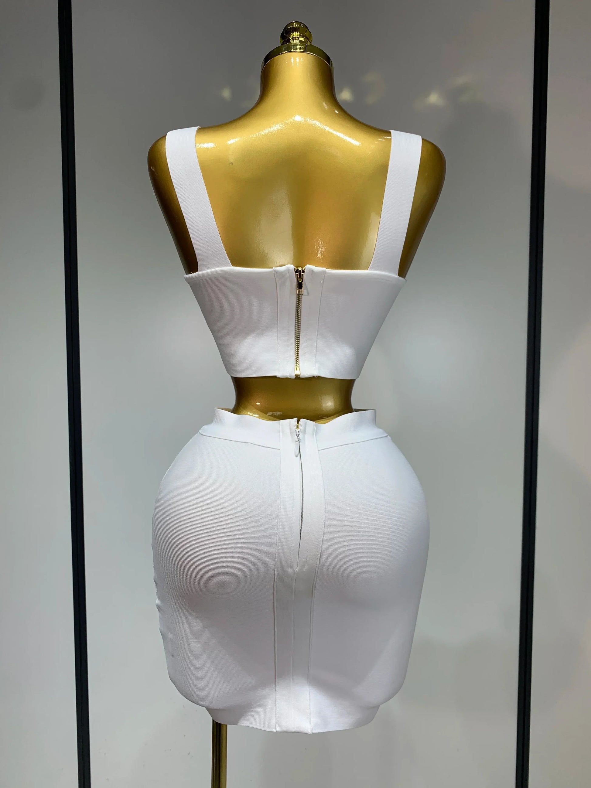 Women Sexy Top Short Skirt Bodycon Bandage Two Pieces Sets White Black Evening Party Luxury Birthday Outfit Nightclub Suits