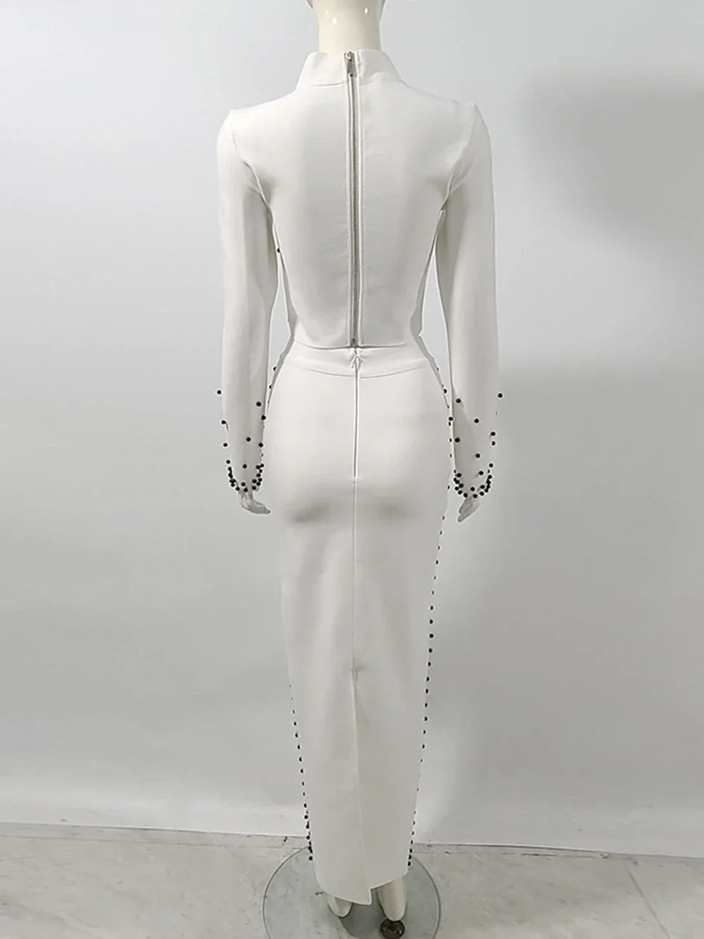 Women'S Black And White Beaded Short Top+Long Skirt Bandage Two-Piece Set Elegant Evening Party Female Outfit New