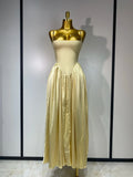 Women Sexy Strap Chain Sleeveless Long Dress Fashion Slimming Hundred Fold Dresses Elegant Evening Party Wedding Guest Gowns Yellow