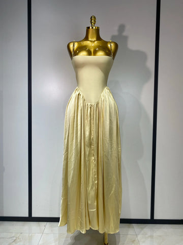 Women Sexy Strap Chain Sleeveless Long Dress Fashion Slimming Hundred Fold Dresses Elegant Evening Party Wedding Guest Gowns Yellow