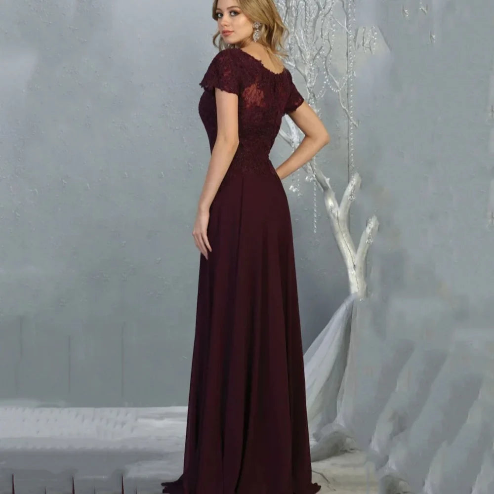 Mother Dresses Vintage Chiffon Customized A Line Bride Party Dress Lace Formal Occasion Gown Short Sleeves robes invitée mariage