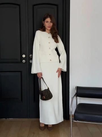 Knit Single Breasted Cardigan Long Skirt Suits Women Causal O-neck Full Sleeve Tops High Waist Skirts Fashion Office Lady Outfit