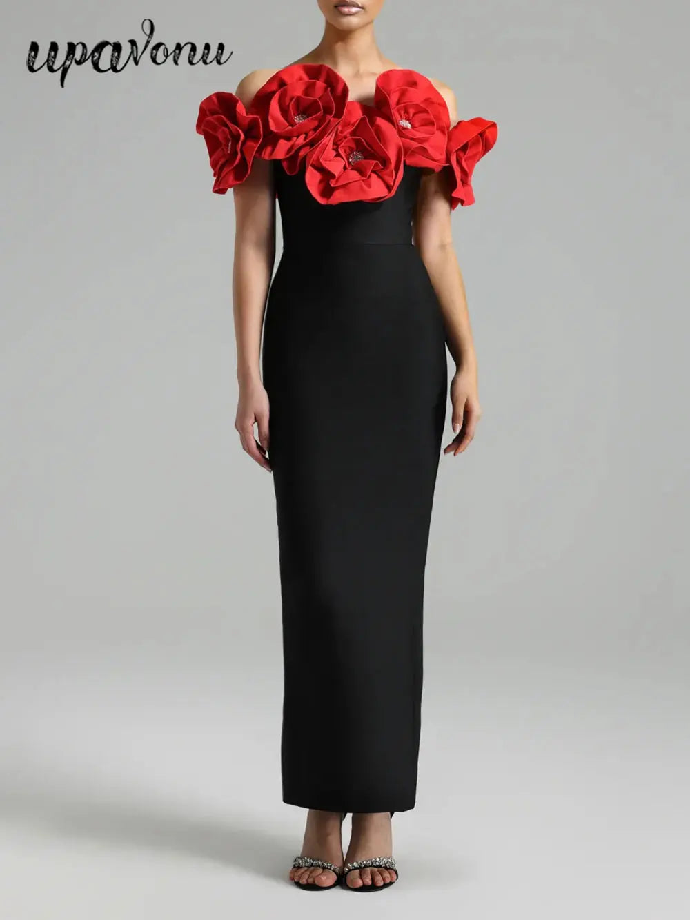 2024 Sexy Women's 3D Flower Decorative Bandage Dress with One Collar Shoulder Bodycon Bareback Long Dress Evening Party Vestidos