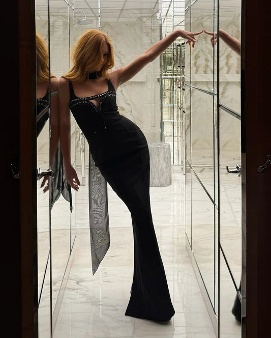 Celebrity Red Carpet Evening Party Dress Women Sleeveless Sexy V-Neck Eyelet Bodycon Long Dress Cocktail Birthday Outfit