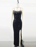 Black Color Women Sexy Shinning Crystal Bodycon Long Bandage Dress Elegant Evening Party Celebrate Birthday Photo Shoot Wear