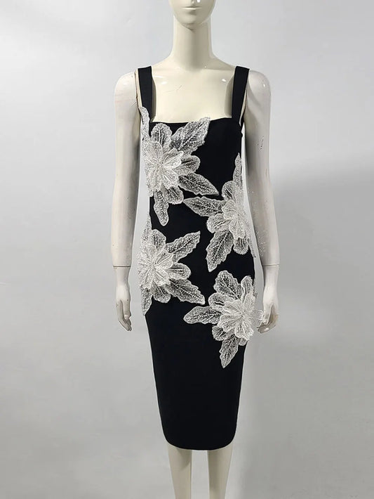 2025 Elegant Women's 3D Flower Design Bandage Dress Camisole Sleeveless Bodycon Knee length Dress Cocktail Banquet Dress Vestido