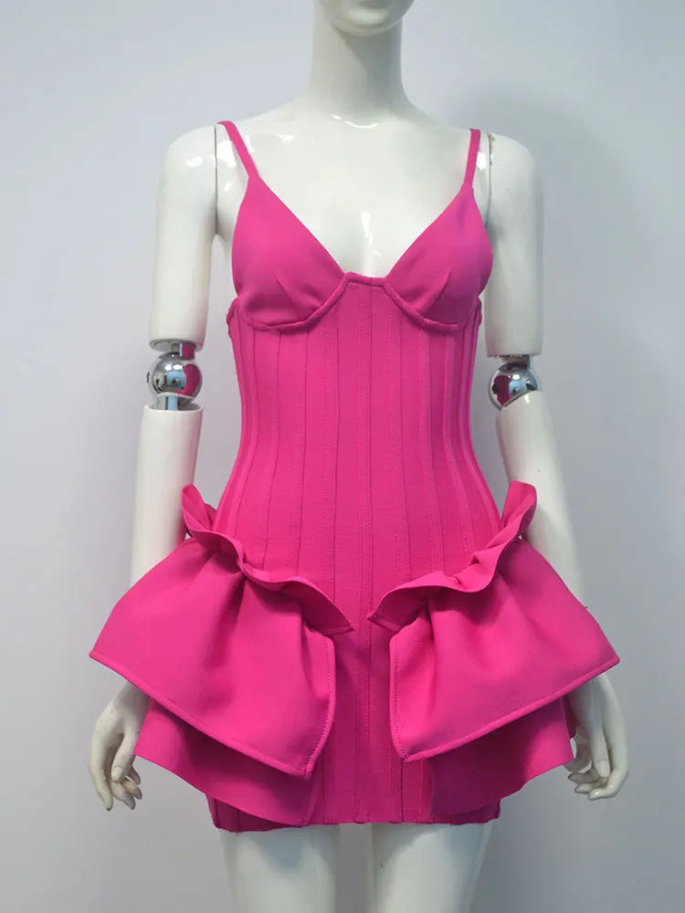 Free Shipping New Bandage Dress Women Spaghetti Strap V-Neck White Ruffles Night Club Sexy Celebrity Party Bodycon Mini Dresses Rose Red