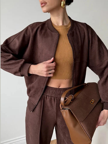 Casual Solid Slim Women's 2 Pcs Suits O-neck Zipper Lantern Sleeve Suede Jacket High Waist Pants Fashion Autumn 2025 Lady Outfit